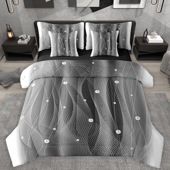 Homewish Gradient Gray White 7pcs Bedding Comforter Set,Stripes Print Queen Bedding Sets,Abstract Geometric Aesthetic Queen Sheet Sets For Kids,Microfiber Bedroom Decor Reversible