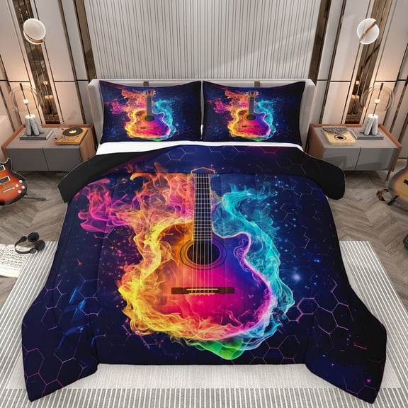 Homewish Gradient Music Guitar 2pcs Bedding Comforter Set For Children Teens Adults,Geometric Honeycomb Twin Comforter Sets,Musical Instrument Breathable Bedding Set,Ultra Soft Home Decor,Reversible