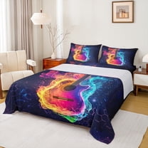 Homewish Gradient Music Guitar 3pcs Twin Sheet Sets For Children Teens Adults,Geometric Honeycomb Twin Fitted Sheet,Musical Instrument Breathable Flat Sheet,Ultra Soft Home Decor