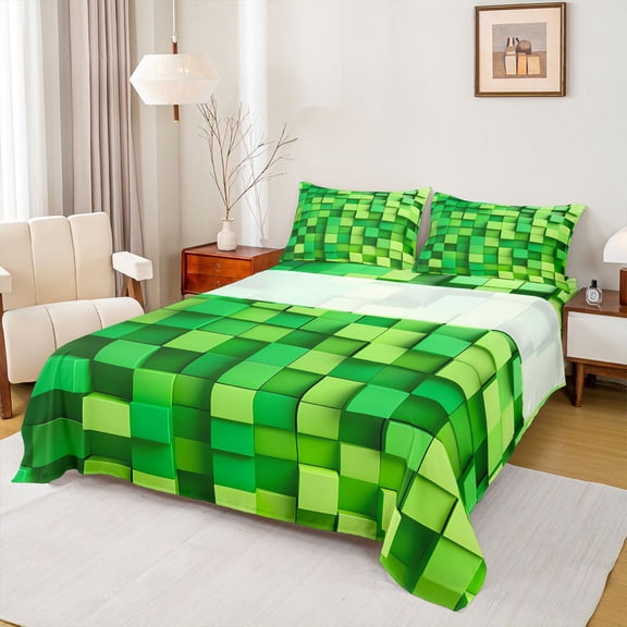 Homewish Gradient Plaid Grid 4-Piece Full Size Sheets For Boys Girls,Futuristic Cubes Bed Sheets,Abstract Geometric Lightweight Sheet Sets,Super Cozy Room Decor