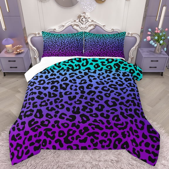 Homewish Gradient Purple Blue Queen Comforter Set,Chic Cheetah Pattern Bedding Sets,Modern Abstract Desgin Bedding Comforter Set For Girls Kids,Luxury Bedroom Decor,3pcs