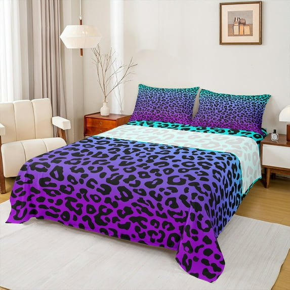 Homewish Gradient Purple Blue Queen Sheet Sets,Chic Cheetah Pattern Flat Sheet,Modern Abstract Desgin Queen Fitted Sheet For Girls Kids,Luxury Bedroom Decor,4pcs