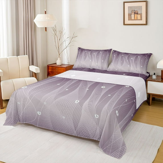 Homewish Gradient Purple Gray Bed Sheets,Stripes Print King Sheets,Abstract Geometric Aesthetic Sheet Set For Kids,Microfiber Bedroom Decor,4-Piece