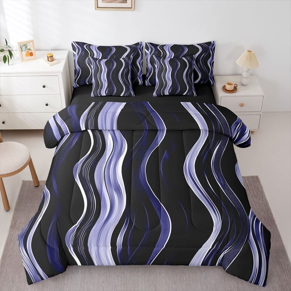 Homewish Gradient Purple Stripes 7-Piece King Bedding,Contemporary Artwork King Bed in a Bag,Black Reversible