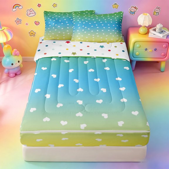 Homewish Gradient Rainbow Pastel Heart Zipper Queen Comforter Set with Fitted Sheet and 2 Pillowcases,Ombre Sky Two-Tone Base Zipper Bedding Set For Girls,Polkadot Reversible,4pcs