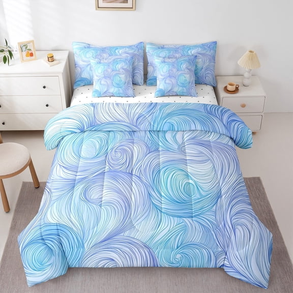 Homewish Gradient Stripes 7 Pieces Bedding Comforter Set For Teens Boys Girls,Ombre Geometric Lines Full Bedding Set Lightweight,Minimalist Abstract Artwork Fitted Sheet Flat Sheet