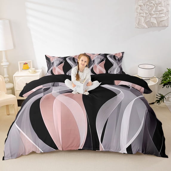 Homewish Gradient Stripes Duvet Cover Queen,Modern Abstract Art Queen Bedding,Blush Pink,Black Reversible,3pcs,1 Duvet Cover and 2 Pillowcases