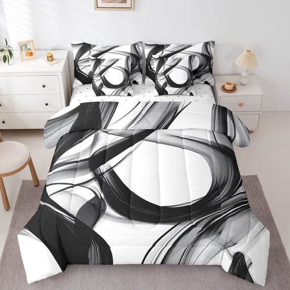 Homewish Gradient Watercolor 7 Pieces Full Size Bedding Sets,Abstract Geometric Full Size Bed in a Bag,Black White,Reversible