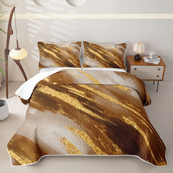 Homewish Gradient Watercolor Art Twin Quilt Set,Contemporary Aesthetic Twin Coverlet Set,Brown Gold,2-Piece