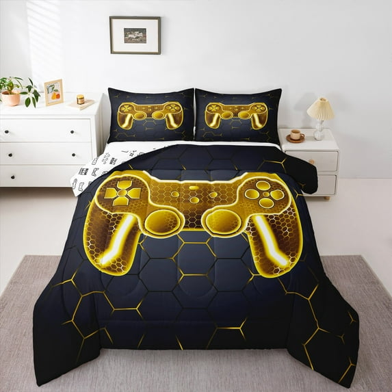 Homewish Gradient Yellow Gamepads Boy 3-Piece Full Size Comforter Sets,Video Game Bedding Comforter Set,Geometric Hexagon Honeycomb Lightweight Bedding Sets,Breathable Home Decor,Reversible