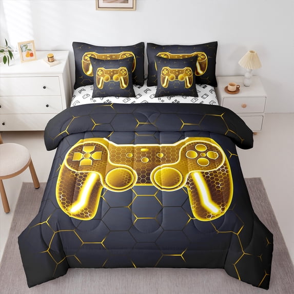 Homewish Gradient Yellow Gamepads Boy 7-Piece Bedding Comforter Set,Video Game King Bedding Sets,Geometric Hexagon Honeycomb Ultra Soft Bed Sheets,Breathable Home Decor,Reversible