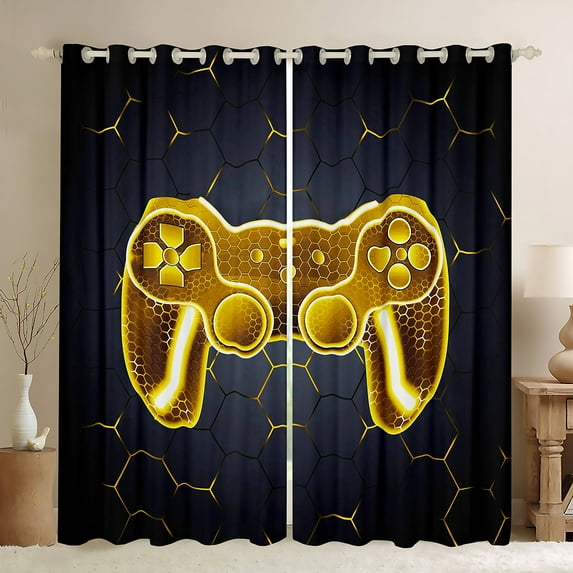 Homewish Gradient Yellow Gamepads Boy Curtains Pack of 2 (42x84 Each),Video Game Curtains Blackout,Geometric Hexagon Honeycomb Bedroom Curtains,Breathable Home Decor
