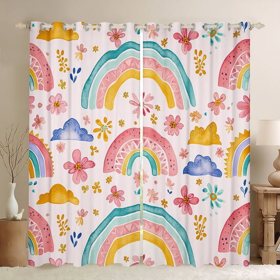 Homewish Graffiti Boho Rainbow Curtains Pack of 2 (42x84 Each),Colorful Flower Floral Curtains Blackout,Pink Blue Orange Bedroom Curtains For Girls,Super Cozy Room Decor