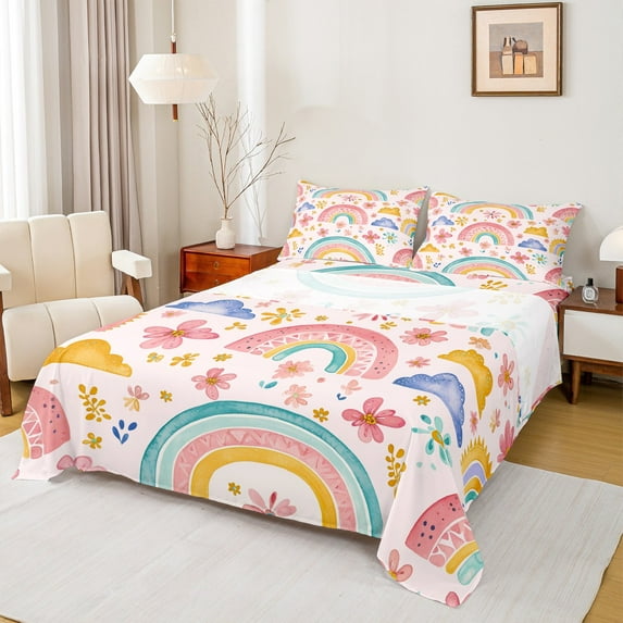 Homewish Graffiti Boho Rainbow Queen Sheet Sets,Colorful Flower Floral Flat Sheet,Pink Blue Orange Queen Fitted Sheet For Girls,Super Cozy Room Decor,4-Piece