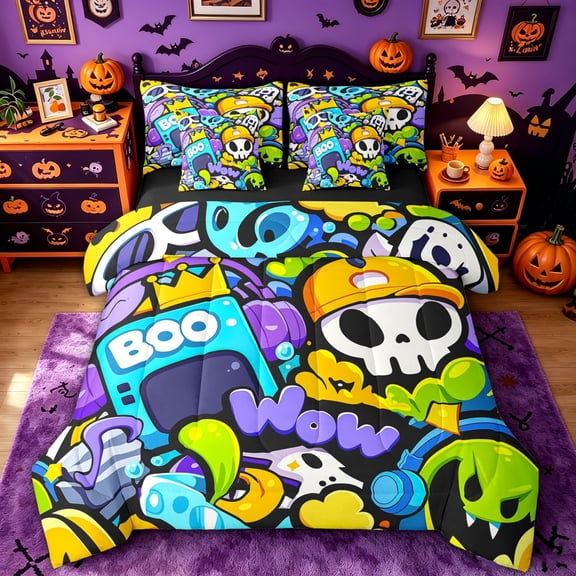 Homewish Graffiti Boo Skull Twin Bedding for Kids, Cartoon Street Spooky Doodle Bedding Comforter Set, Black Reversible, 7pcs