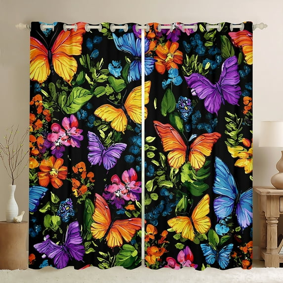 Homewish Graffiti Butterfly Black Out Curtains,Colorful Flower Floral Curtains Pack of 2 (42x63 Each),Oil Painting Bedroom Curtains For Kids,Microfiber Bedroom Decor