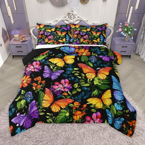 Homewish Graffiti Butterfly Queen Comforter Set,Colorful Flower Floral Bedding Sets,Oil Painting Bedding Comforter Set For Kids,Microfiber Bedroom Decor Reversible,3 Pieces