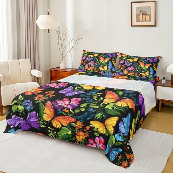 Homewish Graffiti Butterfly Twin Sheet Sets,Colorful Flower Floral Twin Fitted Sheet,Oil Painting 03 For Kids,Microfiber Bedroom Decor,3pcs