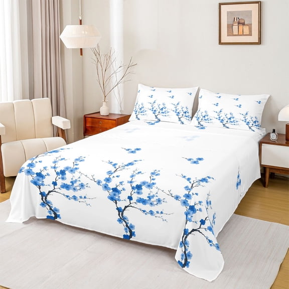 Homewish Graffiti Floral Queen Sheet Sets,Peach Flower Flat Sheet,Blue White Queen Fitted Sheet For Boys Kids,Microfiber Bedroom Decor,4 Pieces