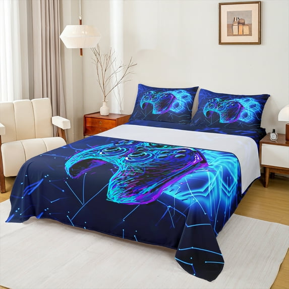 Homewish Graffiti Game Console Twin Sheet Sets,Modern Video Game Twin Fitted Sheet,Blue Black Flat Sheet For Boys,Breathable Home Decor,3pcs