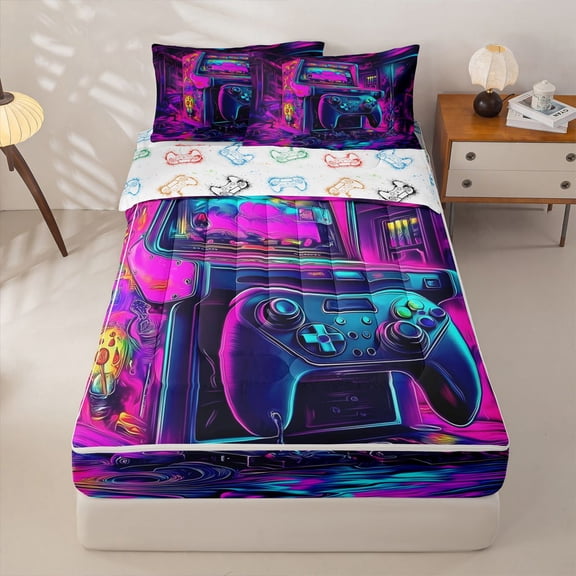 Homewish Graffiti Gaming Zipper Twin Comforter Sets with Fitted Sheet and 2 Pillowcases For Teen Boys,Video Game Themed Zipper Bedding Set,Gamepad Reversible,4 Pieces