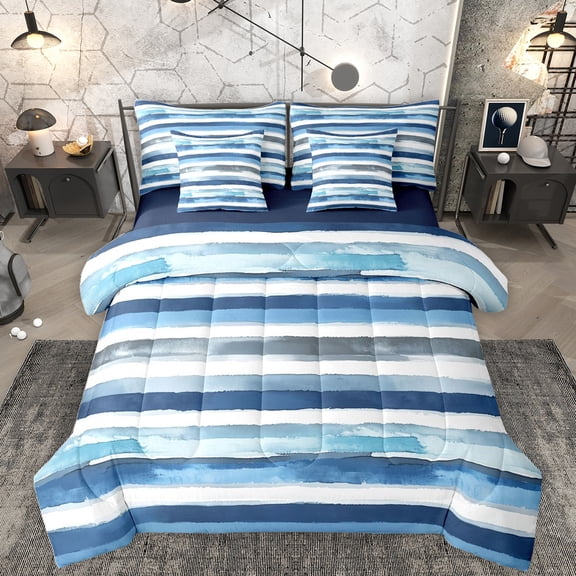 Homewish Graffiti Geometric Stripe 7-Piece Twin Bedding Sets,Modern Abstract Artistic Bedding Comforter Set,Blue White Sheet Sets For Kids,Breathable Home Decor Reversible