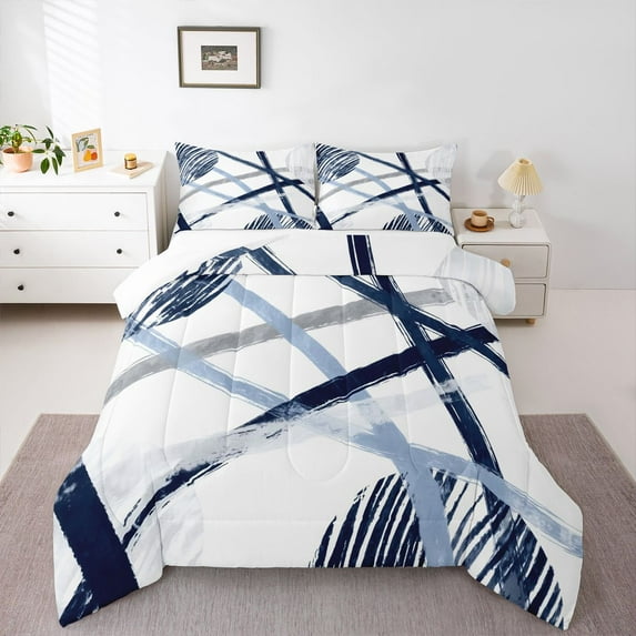 Homewish Graffiti Geometric Striped Full Size Comforter Sets,Modern Abstract Artistic Bedding Comforter Set,White Blue Bedding Sets For Girls Kids,Luxury Bedroom Decor,3pcs