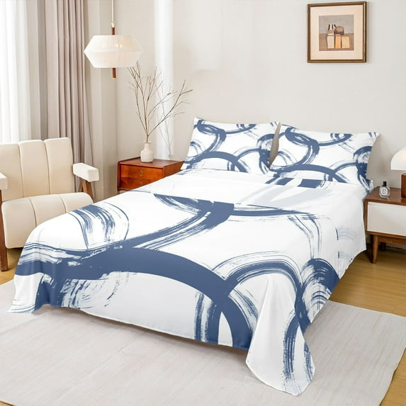 Homewish Graffiti Geometric Twin Sheet Sets,Stripe Line Circle Twin Fitted Sheet,Blue White Flat Sheet For Boys Kids,Luxury Bedroom Decor,3-Piece