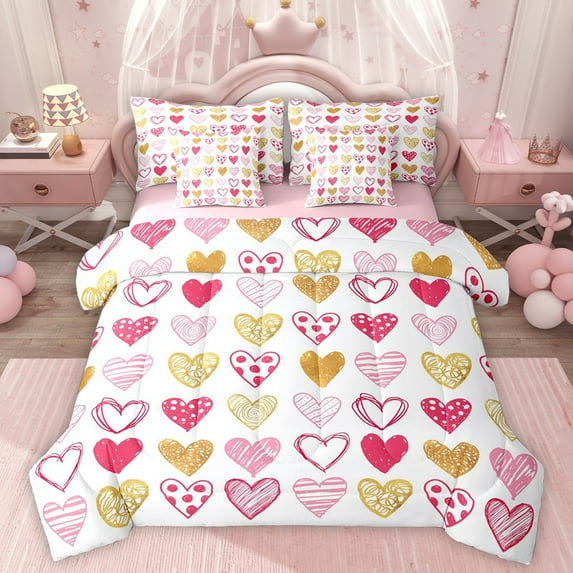 Homewish Graffiti Heart Print 7-Piece Twin Bedding Sets,Pink Fairy Tale Bedding Comforter Set,Boho Style Loves Sheet Sets For Girls Kids,Luxury Bedroom Decor Reversible