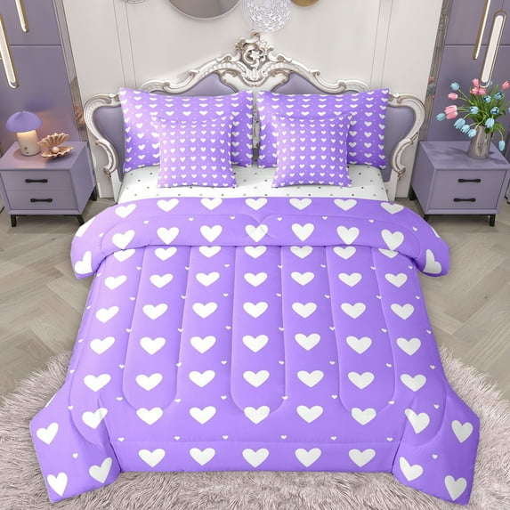 Homewish Graffiti Loves Pattern 7 Pieces Bedding Comforter Set,Happy Valentine'S Day Full Bedding Set,Purple White Fitted Sheet Flat Sheet For Girls Kids,Super Cozy Room Decor Reversible