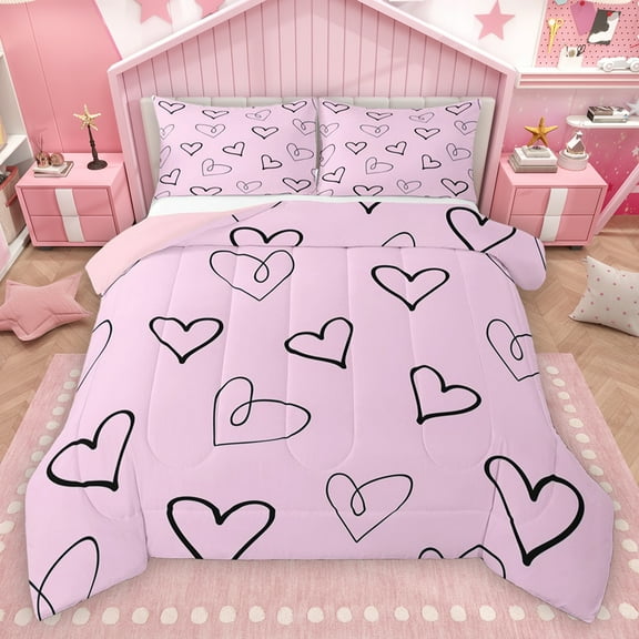 Homewish Graffiti Loves Pattern Bedding Comforter Set,Happy Valentine'S Day Twin Comforter Sets,Pink Black Bedding Set For Girls Kids,Super Cozy Room Decor Reversible,2 Pieces
