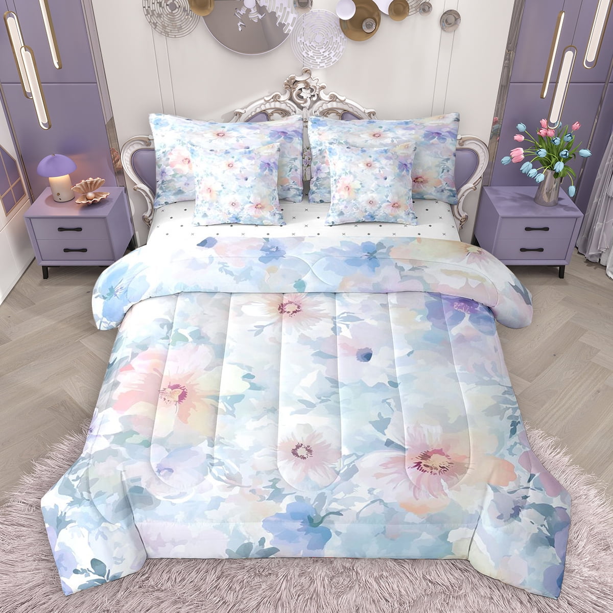 Homewish Graffiti Rustic Floral 7 Pieces Bedding Comforter Set,Spring Natural Theme Full Bedding Set,Blue Flower Fitted Sheet Flat Sheet For Girls Boys,Luxury Bedroom Decor Reversible