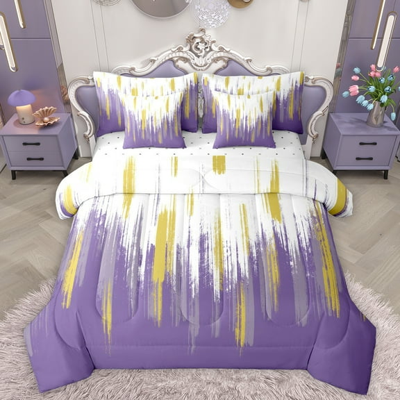 Homewish Graffiti Striped Lines 7-Piece Twin Bedding Sets,Modern Minimalist Geometric Bedding Comforter Set,Purple White Gold Sheet Sets For Teens,Super Cozy Room Decor Reversible