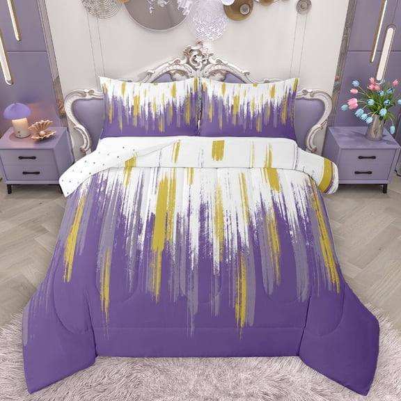 Homewish Graffiti Striped Lines Queen Comforter Set,Modern Minimalist Geometric Bedding Sets,Purple White Gold Bedding Comforter Set For Teens,Super Cozy Room Decor Reversible,3-Piece