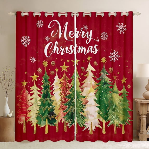 Homewish Graffiti Xmas Tree Black Out Curtains,Merry Christmas Curtains Pack of 2 (42x63 Each),Red Green Gold Bedroom Curtains For Girls Kids,Super Cozy Room Decor
