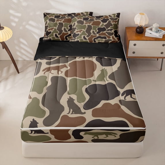 Homewish Gray Brown Camouflage Zipper Full Size Comforter Sets with Fitted Sheet and 2 Pillowcases For Boys Men,Camo Wolf Zipper Bedding Set,Black Reversible,4-Piece