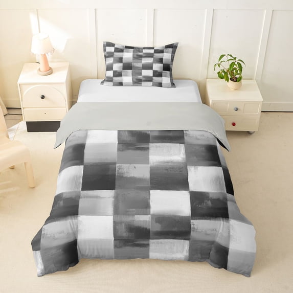 Homewish Gray Checkerboard Twin Duvet Cover,Aesthetic Geometric Twin Bedding,Light Gray Reversible,2-Piece,1 Duvet Cover and 1 Pillowcase