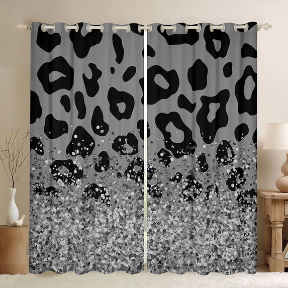Homewish Gray Cheetah Print Blackout Curtains Set of 2 (52x84 Each), Aesthetic Sequins Print Curtain