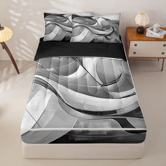 Homewish Gray Contemporary Spiral Zipper Twin Comforter Sets with Fitted Sheet and 2 Pillowcases,Abstract Geometric Zipper Bedding Set,Black Reversible,4pcs
