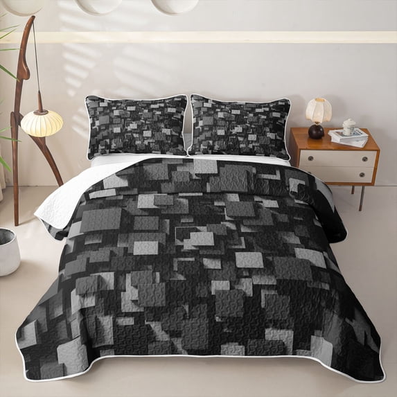 Homewish Gray Futuristic Cubes Twin Quilt Set,Contemporary Art Twin Coverlet Set,2-Piece