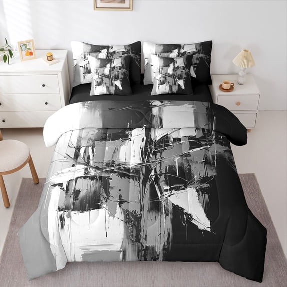 Homewish Gray Geometric 7-Piece Twin Bedding,Abstract Modern Bedding Comforter Set,Black Reversible