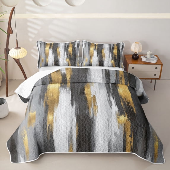 Homewish Gray Gold Quilt King,Abstract Modern King Coverlet Set,3 Pieces