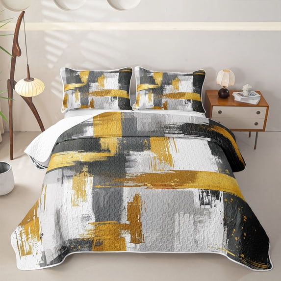 Homewish Gray Gold Stripes Twin Quilt Set,Modern Geometric Artwork Twin Coverlet Set,2-Piece