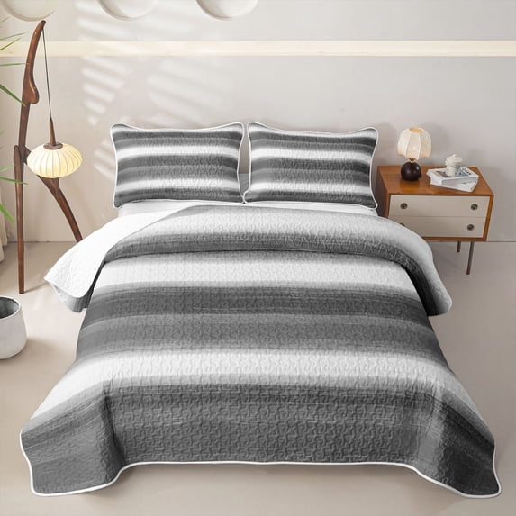 Homewish Gray Horizontal Stripes Twin Quilt Set,Aesthetic Artwork Twin Coverlet Set,2-Piece