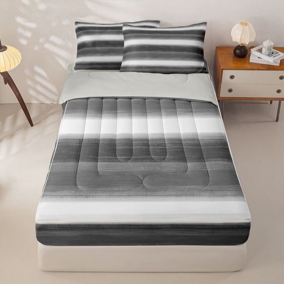 Homewish Gray Horizontal Stripes Zipper Twin Comforter Sets with Fitted Sheet and 2 Pillowcases,Aesthetic Artwork Zipper Bedding Set,Light Gray Reversible,4pcs