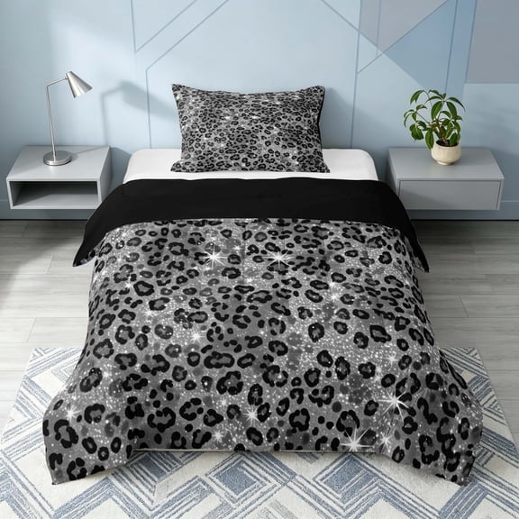 Homewish Gray Leopard Print Twin Comforter Sets for Girls, Animal Themed Bedding Set, Black Reversible, 2-Piece 1 Comforter and 1 Pillowcase
