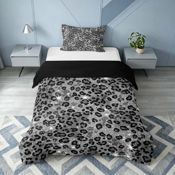 Homewish Gray Leopard Print Twin Duvet Cover for Girls, Animal Themed Twin Bedding, Black Reversible, 2 Piece 1 Duvet Cover and 1 Pillowcase