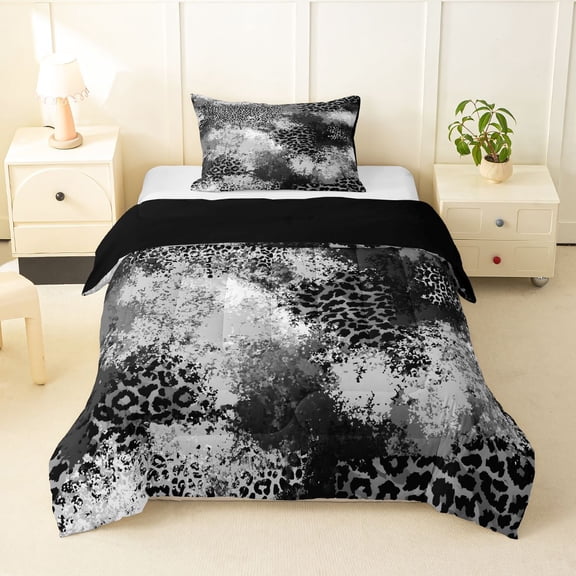 Homewish Gray Ombre Cheetah Print Twin Comforter Sets,Geometric Abstract Bedding Set,Black Reversible,2-Piece,1 Comforter and 1 Pillowcase
