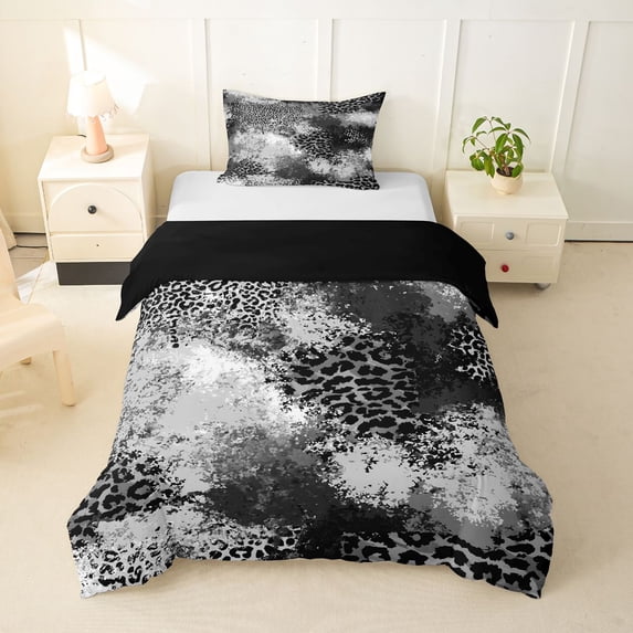 Homewish Gray Ombre Cheetah Print Twin Duvet Cover,Geometric Abstract Twin Bedding,Black Reversible,2-Piece,1 Duvet Cover and 1 Pillowcase