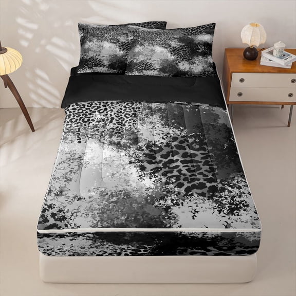 Homewish Gray Ombre Cheetah Print Zipper Queen Comforter Set with Fitted Sheet and 2 Pillowcases,Geometric Abstract Zipper Bedding Set,Black Reversible,4pcs